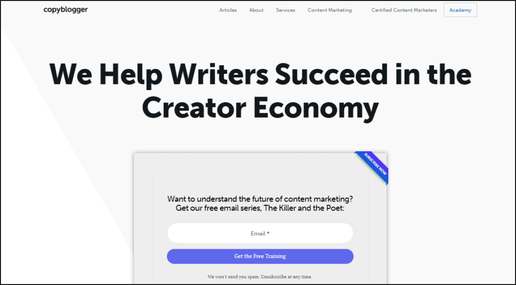 WordPress Membership Site Example #2: CopyBlogger Academy home page "We help writers succeed in the creator economy"