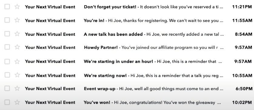 HeySummit's customizable email notifications example: 8 rows with "Your Next Virtual Event" and different subject lines and times