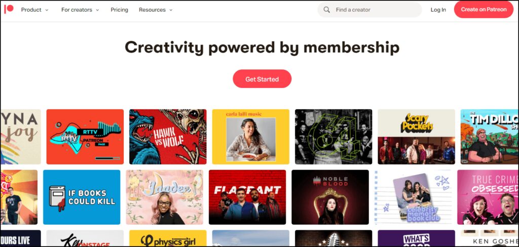Patreon home page - "Creativity powered by membership"