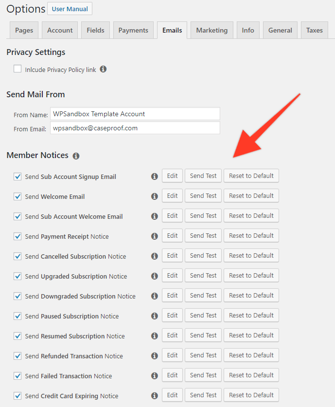 Emails menu with options for email and red arrow pointing to actions for Member Notices