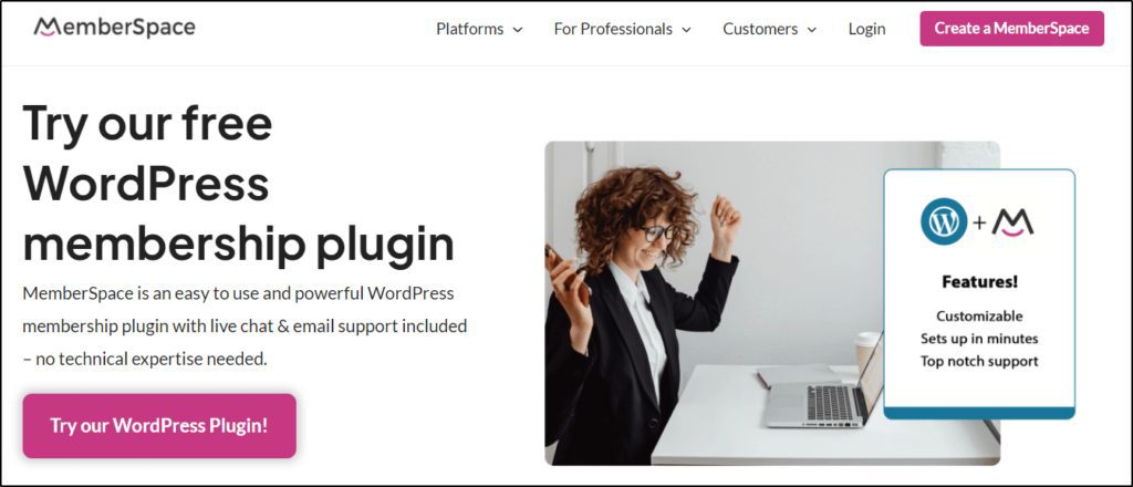 MemberSpace home page with a woman celebrating in an office setting