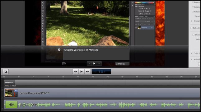 image showing caption editing tool in ScreenFlow's video editor tool with text, "Tweaking your colors in Photoshop".