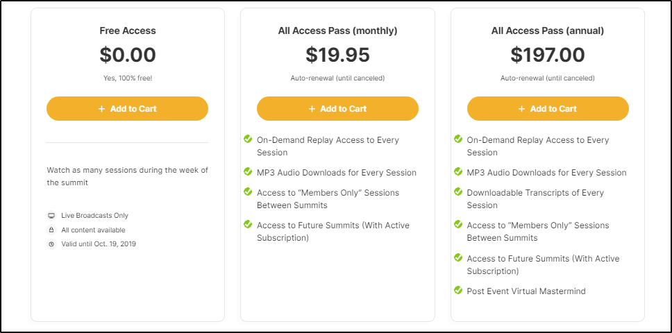 Multiple signup packages example: "Free Access", "All Access Monthly", "All Access annual"