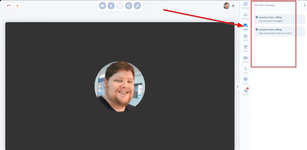 Chat room example, profile picture of a man, red arrow pointing to chat function