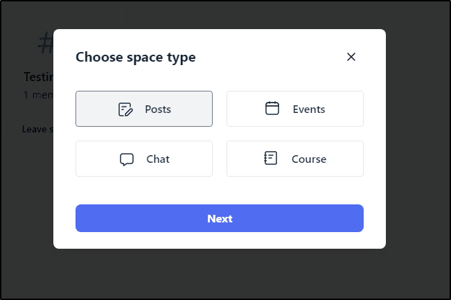Choose space type: Posts, Events, Chat, or Course