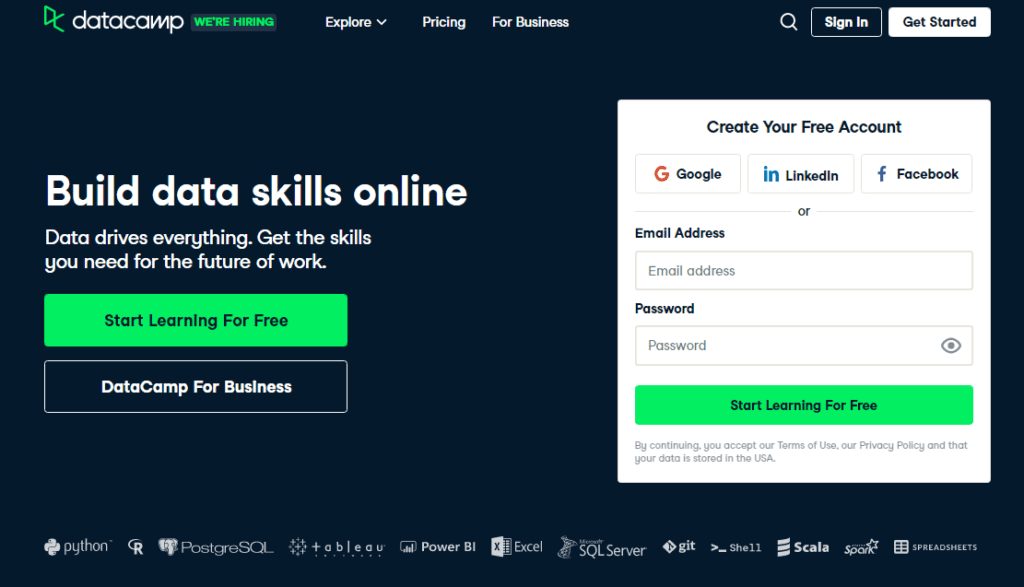 Data Camp home page - "Build data skills online", Create your free account menu or buttons to "start learning for free" or "DataCamp for business"