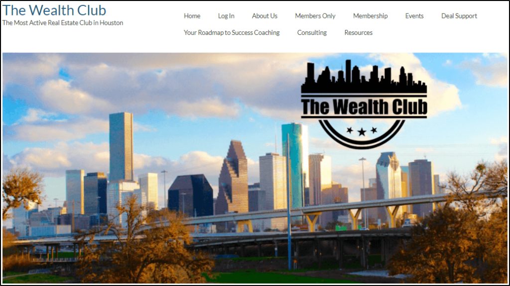The Wealth Club home page, MemberPress example, picture of skyline