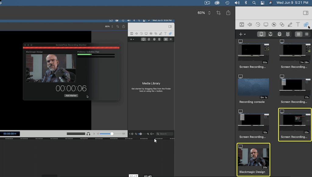 ScreenFlow review screenshot of stock library in ScreenFlow’s video editor