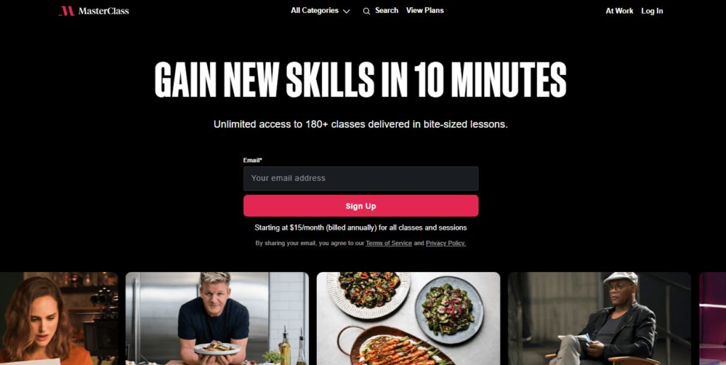 MasterClass home page "Gain New Skills in 10 Minutes", sign up box 