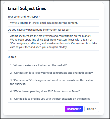 Jasper Email Subject Lines generator form with output of 5 possible email subject lines