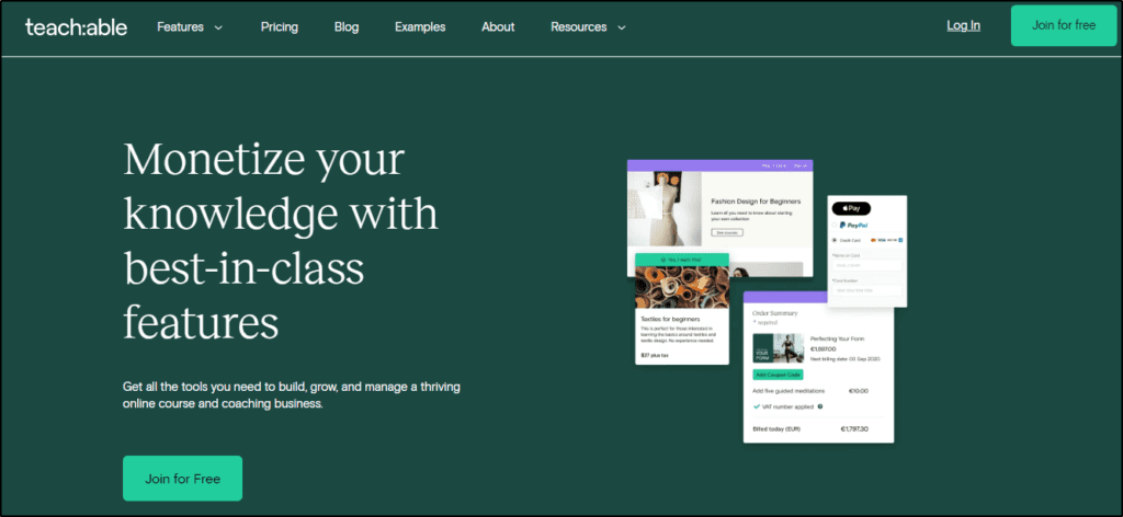 Teachable home page "Monetize your knowledge with best-in-class features"