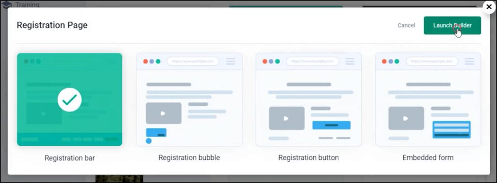 Registration page, Launch Builder with four boxes: Registration bar, Registration bubble, Registration button, Embedded form