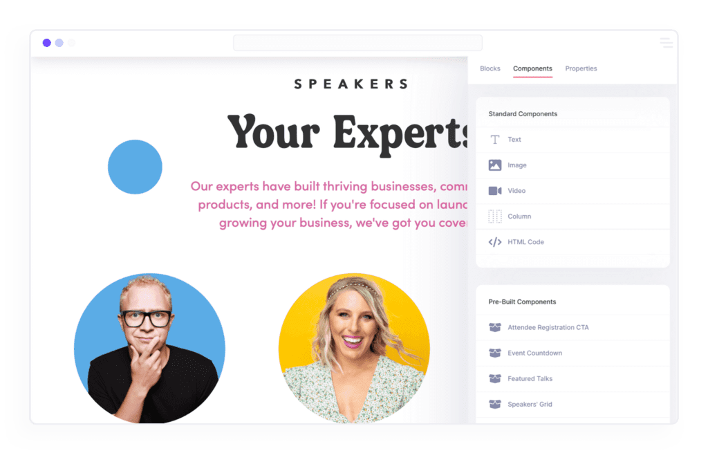 Landing page builder, "Components" menu selected to customize speakers page