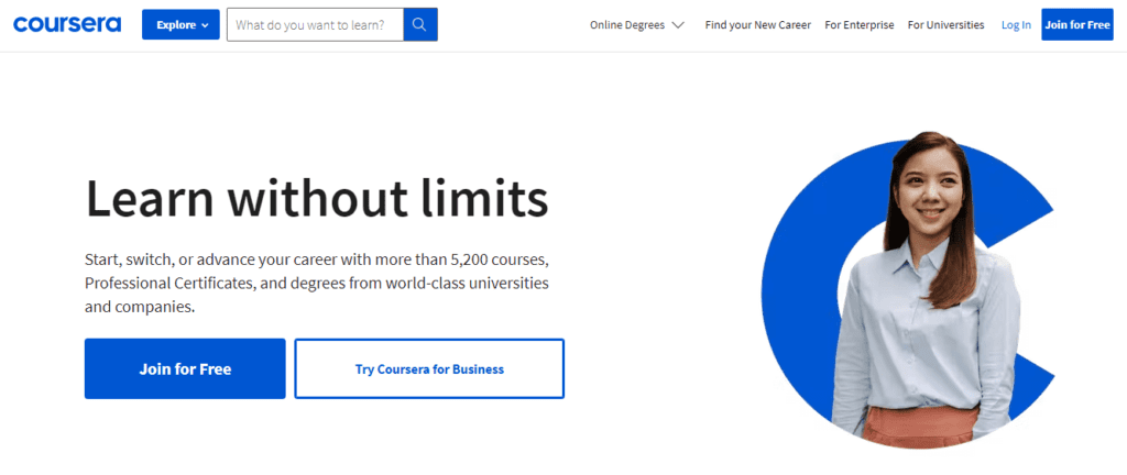 Coursera home page - "Learn without limits", buttons to "join for free" or "try Coursera for business"