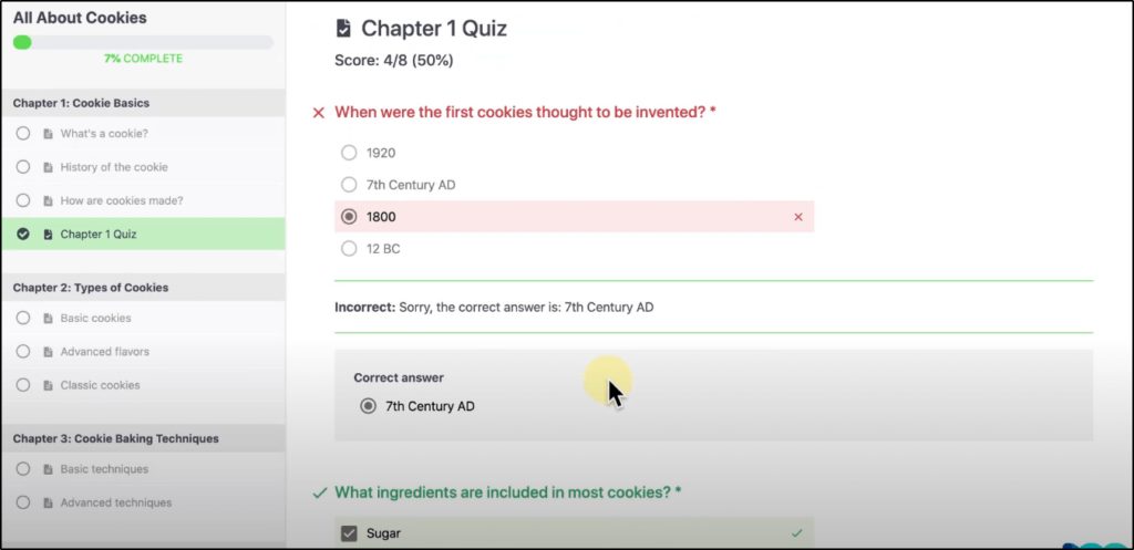Chapter 1 Quiz, "All About Cookies" showing question: "When were the first cookies thought to be invented?" 