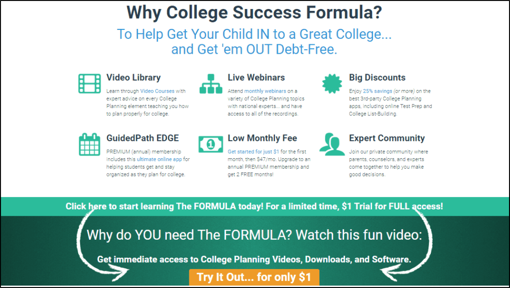 Why College Success Formula? reasons with button to try it out for $1