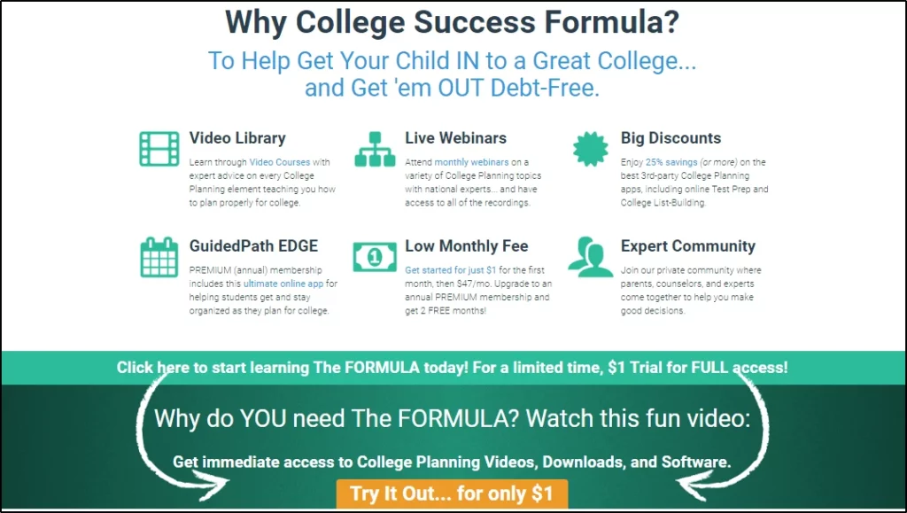 A call to action informational page about the "College Success Formula"