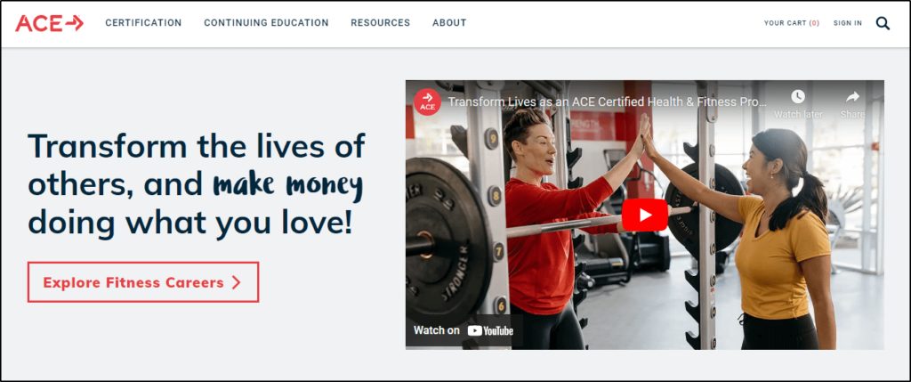 AceFitness home page: "Transform the lives of others, and make money doing what you love!"