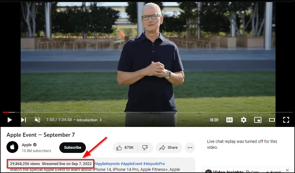 Live Stream of Apple Event - Sept 7 on YouTube, red arrow pointing to views (almost 30M)