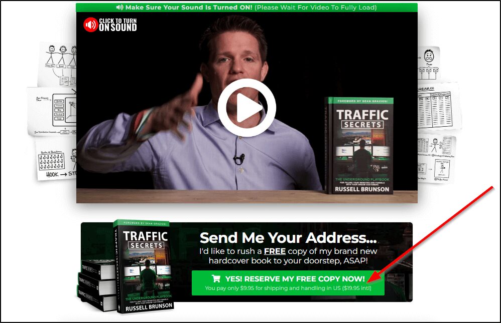 website for Russell Brunson showing tripwire example with red arrow pointing at "Yes, reserve my free copy now"( for his book "Traffic Secrets")