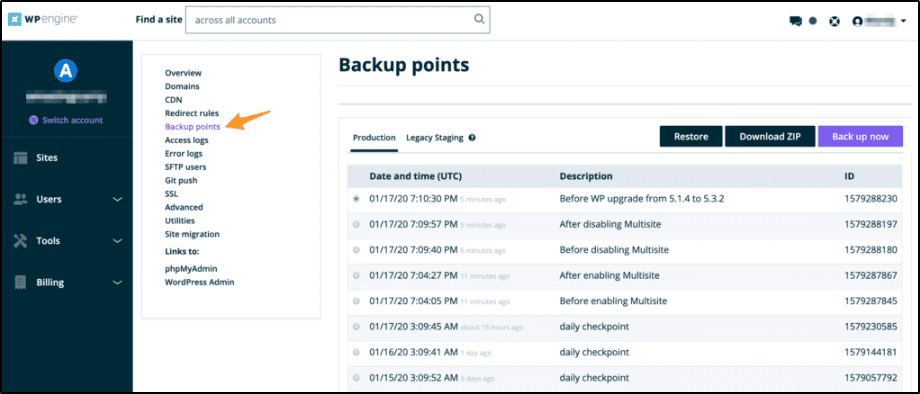 WP Engine Backup points, production menu, Date and Time, Description, ID
