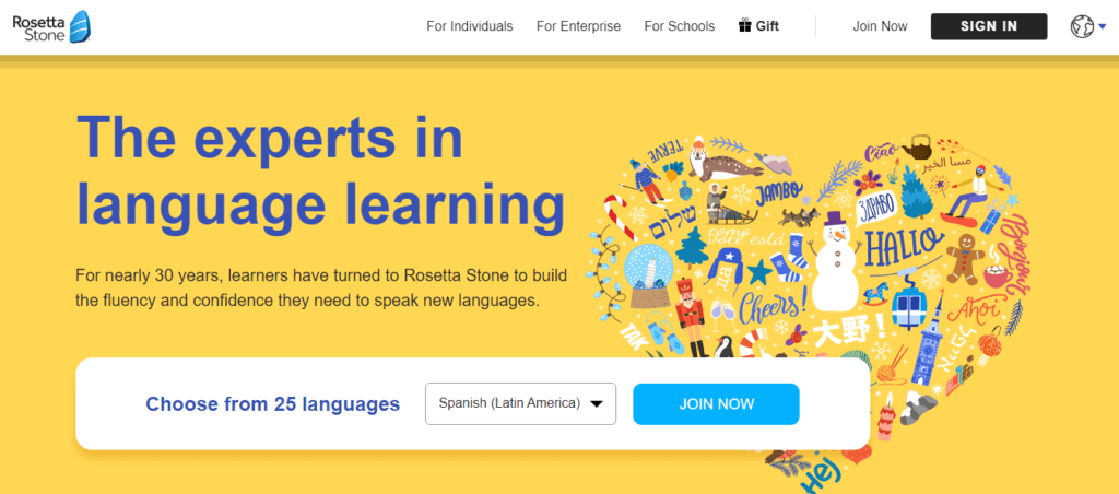 Rosetta Stone: "The experts in language learning" with menu to "Choose from 25 languages" and "join now" button
