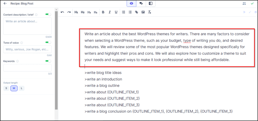 Jasper Recipe: Blog Post example showing brief written for topic when {TOPIC} is replaced with "best WordPress themes for writers"