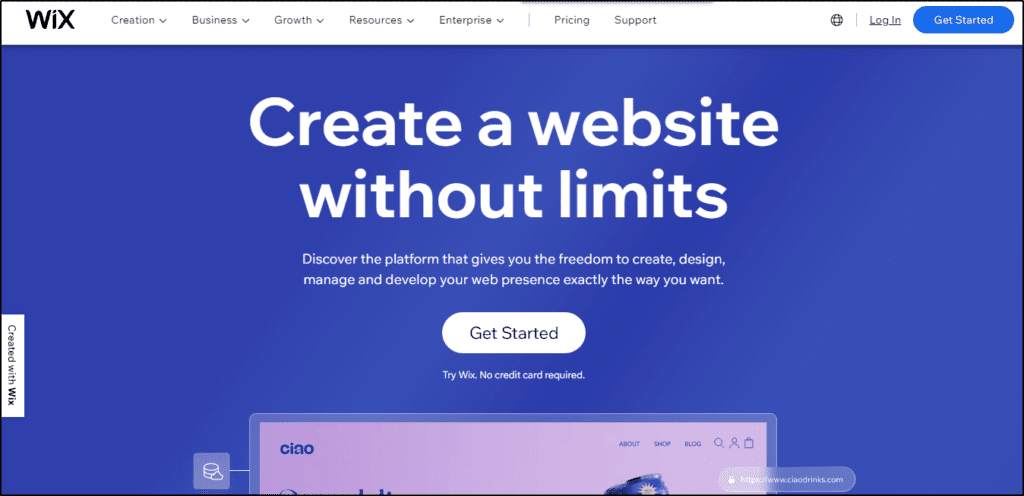 Wix home page "Create a website without limits"