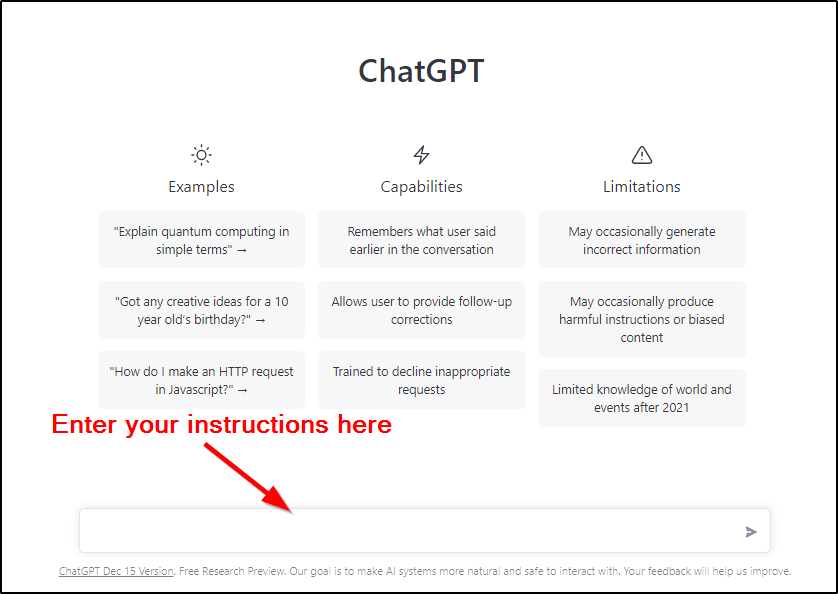 ChatGPT interface: Examples, Capabilities, and Limitations with red arrow and text "Enter your instructions here"