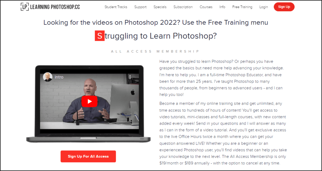 Teachable Membership Site Example #2: Learning Photoshop home page