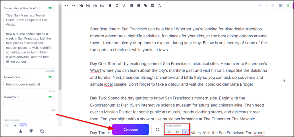 Jasper blog post for "San Francisco Tourist Guide | How to Spend a Fun Week" with a description of what to include, red arrow pointing to "Compose" and red box around "Output length" with "L" (long) selected