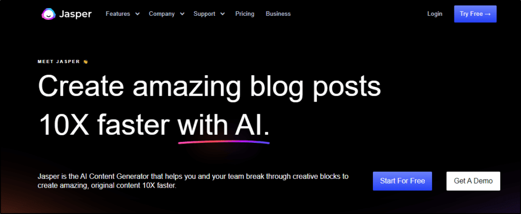Jasper home page: Create amazing blog posts 10X faster with AI.