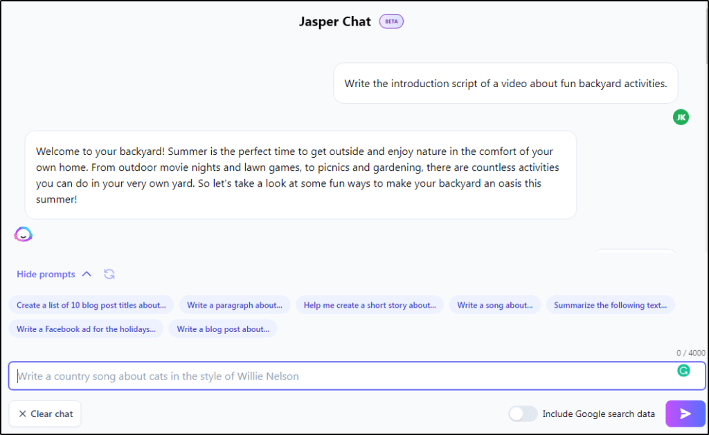 Jasper Chat: "Write the introduction script of a video about fun backyard activities" with generated response