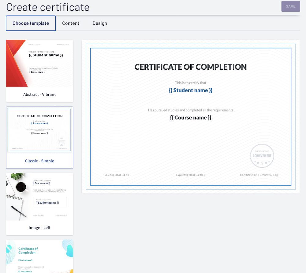 Create certificate menu, Choose template, selected Certificate of Completion