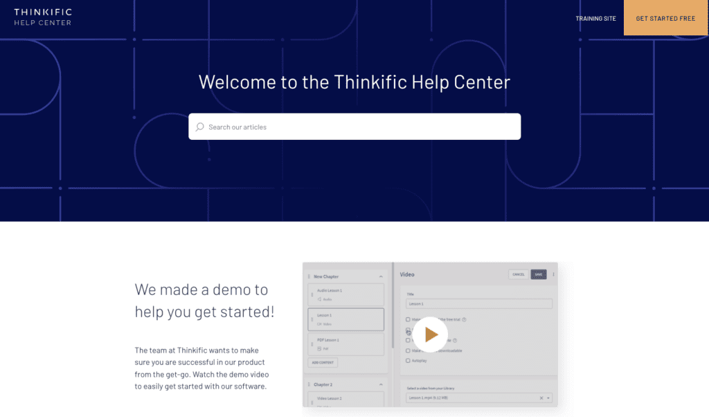 Welcome to the Thinkific Help Center with search navigation and demo video to select