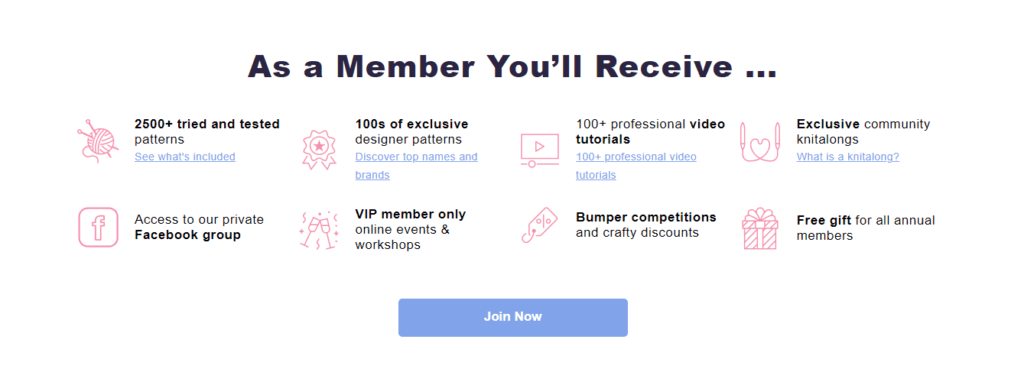  Let's Knit Together page with "As a member you'll receive..."