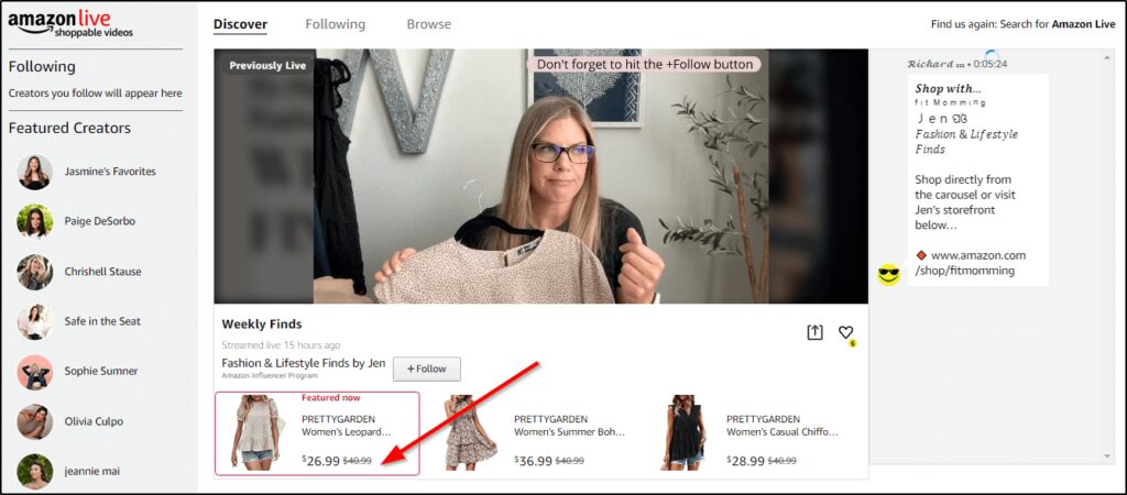 Amazon Live - Fashion and Lifestyle Finds by Jen, red arrow pointing at $26.99 