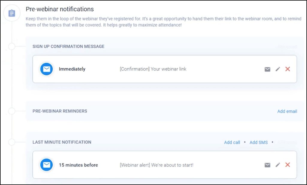 Pre-webinar notifications menu: Sign up confirmation message, Pre-Webinar Reminders, and Last Minute Notification