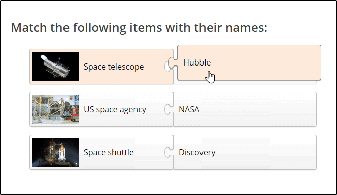 Object Matching example: Match the following items with their names (space related objects) 
