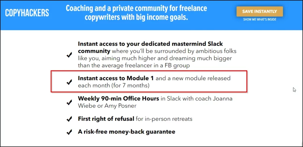 CopyHackers informational page about "Coaching and a private community for freelance copywriters with big income goals" with a red box around "Instant access to Module 1"