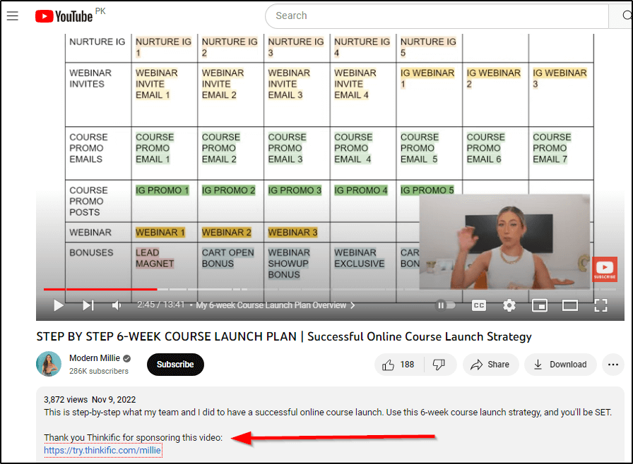 YouTube - Step-by-step 6-week course launch plan, red arrow pointing at "Thank you Thinkific for sponsoring this video"