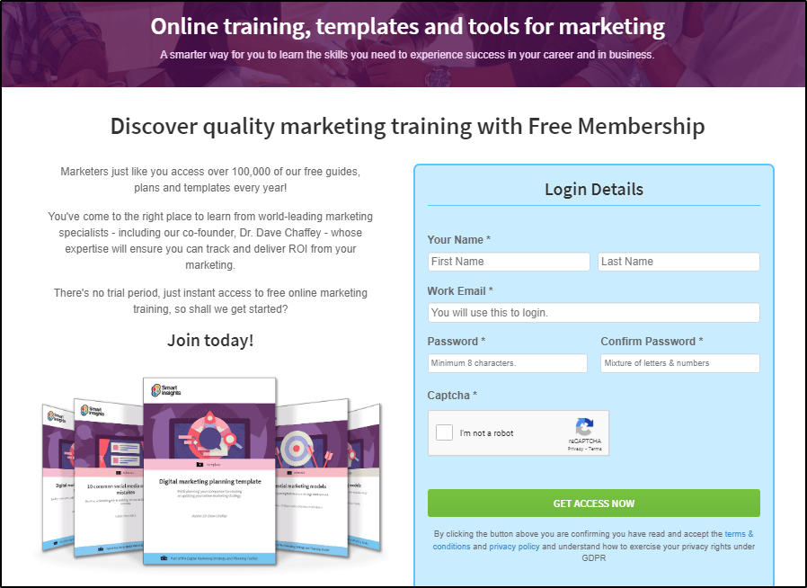 SmartInsights membership login page: "Discover quality marketing training with Free Membership"