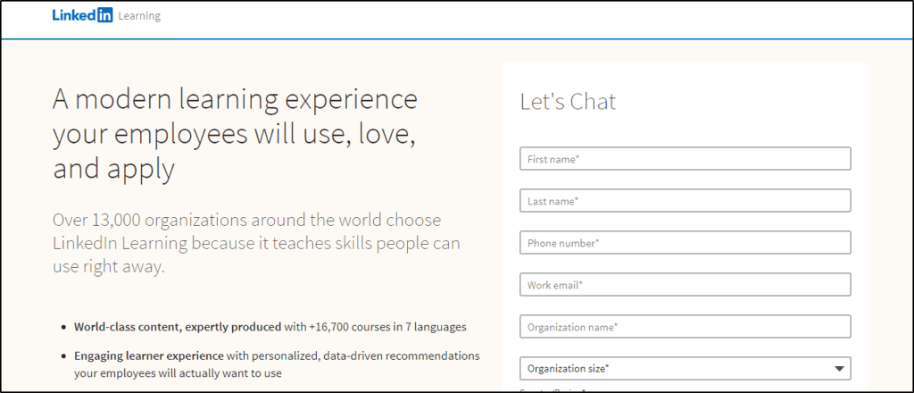 LinkedIn Learning - "A modern learning experience your employees will use, love, and apply" next to "Let's chat" box