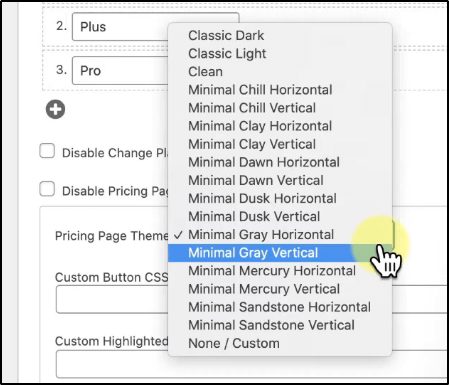 Dropdown menu to choose pricing page templates in MemberPress, "Minimal Gray Vertical" selected