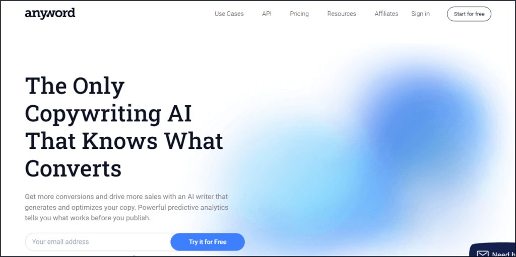 Anyword home page: "The Only Copywriting AI That Knows What Converts"