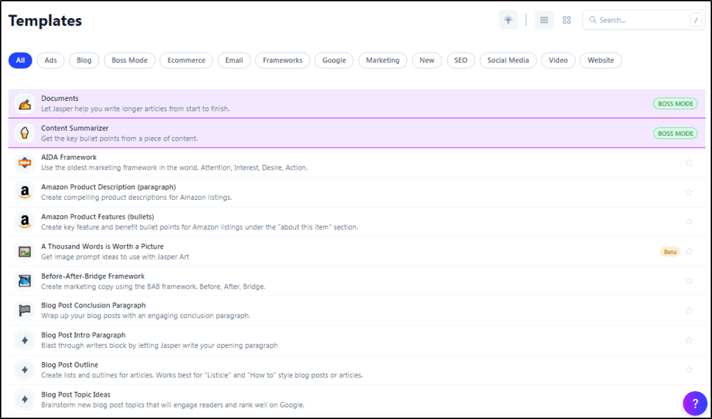 Templates menu, All selected, "Documents" and "Content Summarizer" highlighted in purple 