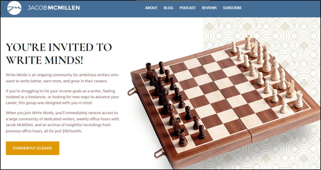 Jacob Mcmillen invite page: You're Invited to Write Minds with chess board in image and button that says "currently closed"