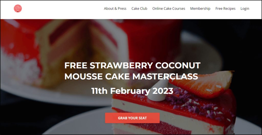 Kajabi Membership Site Example #2: AllasYummyFood: "Free Strawberry Coconut mousse cake masterclass"
