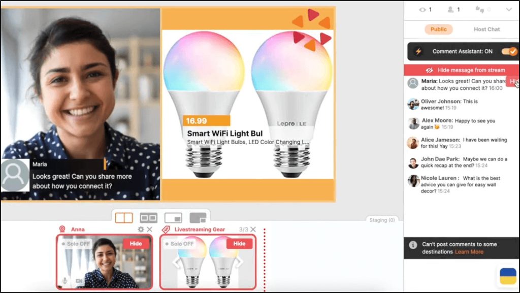 Be.Live with Amazon Live integration, image of Maria next to image of Smart Wifi lightbulb, comments on stream