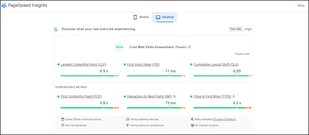 PageSpeed Insights - Core Web Vitals Assessment: Passed - Desktop